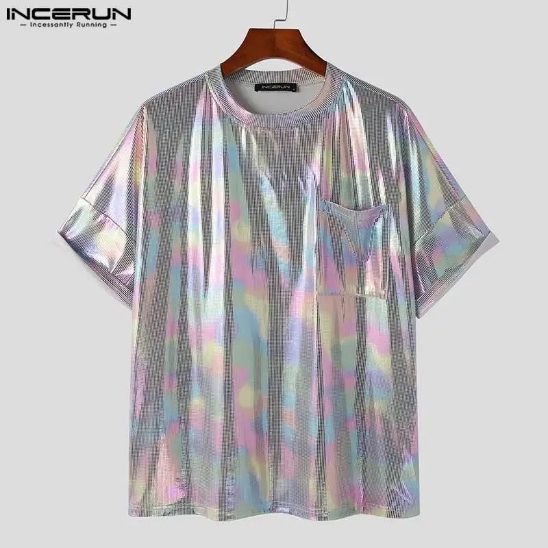 INCERUN Men T Shirt Shiny O-neck Short Sleeve Streetwear Loose Summer 2024 Casual Camisetas Pockets Fashion Party Tee Tops S-5XL