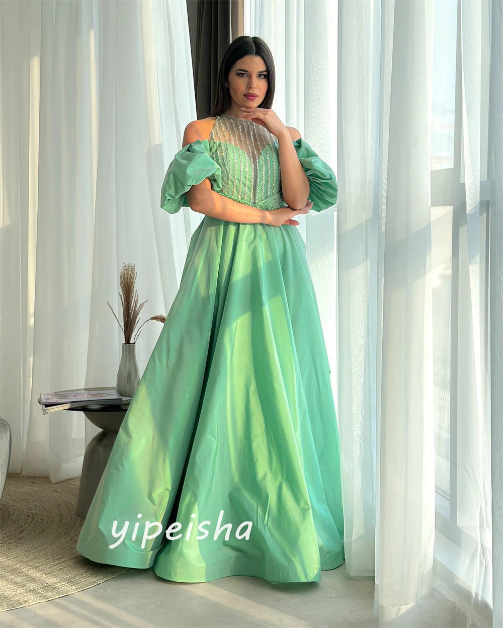 Prom Dress Saudi Arabia Satin Beading Draped Wedding Party A-line O-Neck Bespoke Occasion Dresses Floor-Length