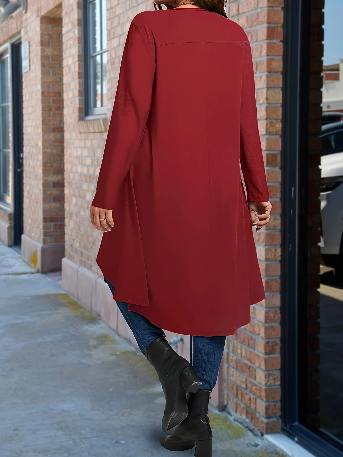 Plus Size Damen-T-Shirt mit elegantem asymmetrischem Saum und langen Ärmeln, Rundhalsausschnitt, lässiges Oberteil, einfarbig, Ganzjahres-Kleidungspullover – Detail 15