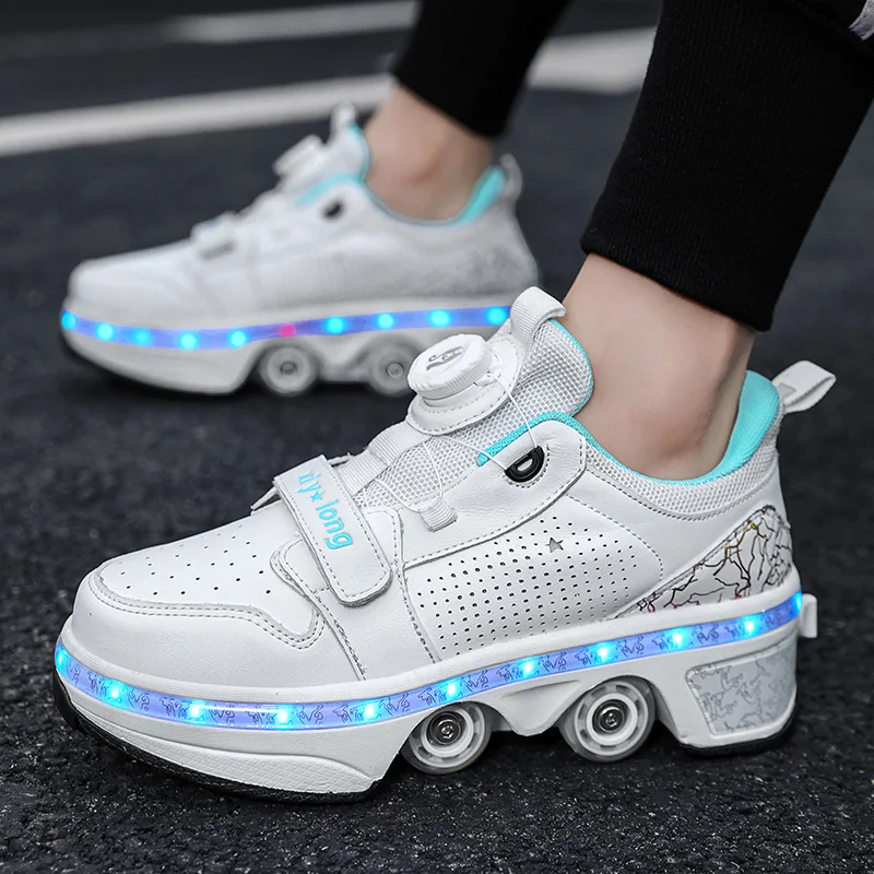 LED Deformation Parkour Shoes Four Wheels Rounds Of Running Shoes Casual Sneakers Unisex Deform Roller Shoes Skating Shoes
