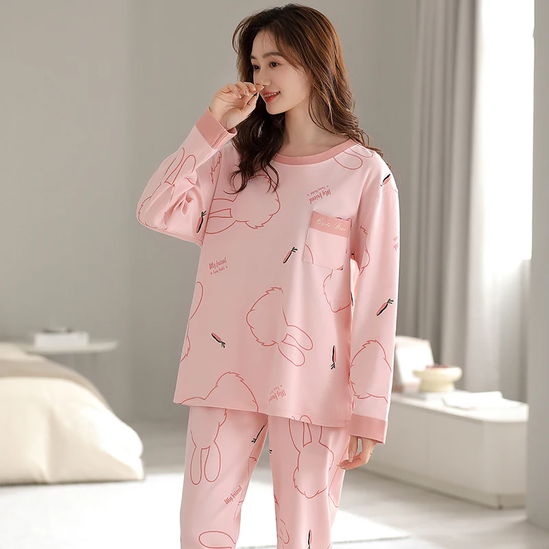 M-3XL round neck pullover pure cotton women's pajamas loose casual women's home clothing set