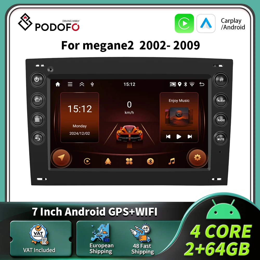 Autoradio Podofo 7" Carplay Android per Megane2 2002-2009, sistema intelligente per auto, 2 Din, navigazione GPS, lettore multimediale RDS