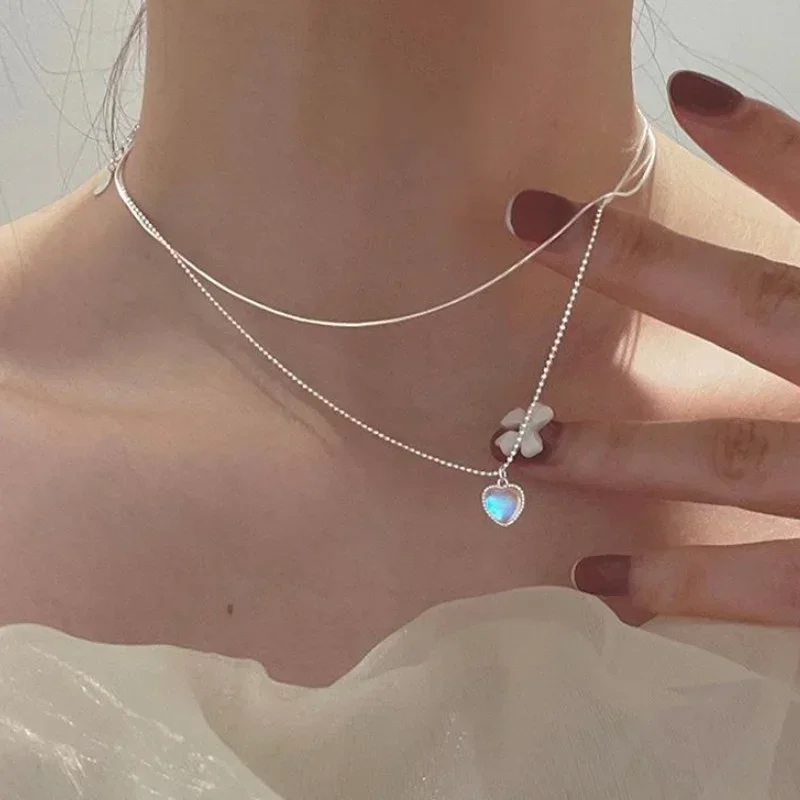 Kpop Double Layer Heart Pendant Necklace for Women Lucky Bean Love Heart Neck Chain Modern Female Chokers Korean Fashion Jewelry