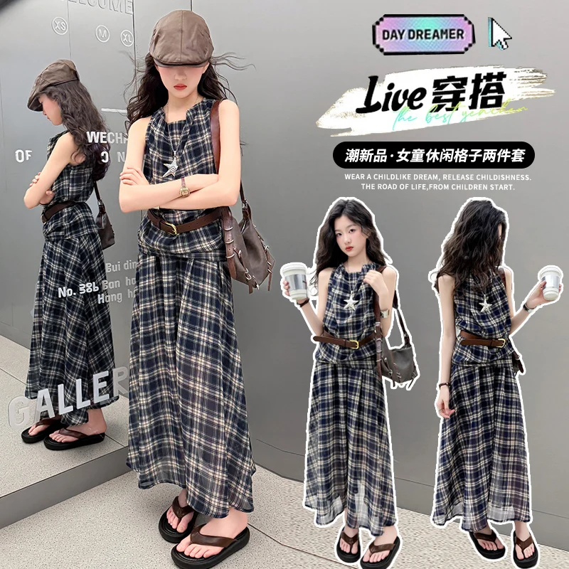 

Girls Clothes Set Size 6-14Y Spring Summer Girl Plaid Vest + Ankle Length Dress +Belt 3 Pieces Children Daily Simple Style Suits