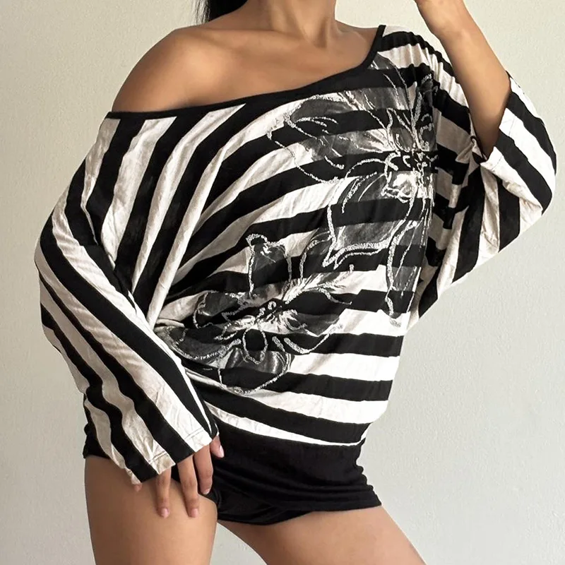 

Women T Shirts Striped Tops Print One Shoulder Slash Neck Long Sleeves Slight Strech Slim Fit Casual Streetwear 2025 Summer