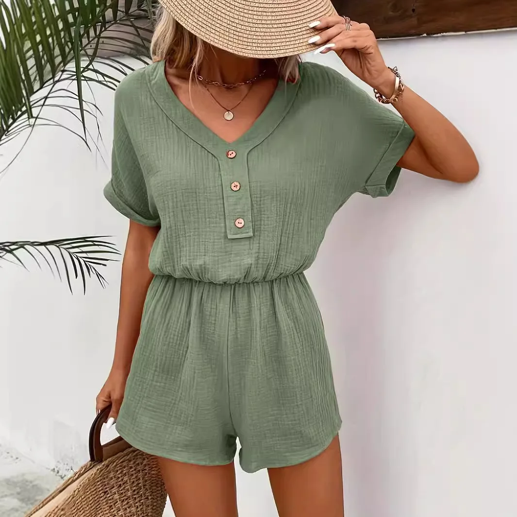 جمبسوت نسائي بأكمام قصيرة مونو مع أزرار وجيب، لون ناعم، جديد ربيعي وصيف 2025 كم قصير