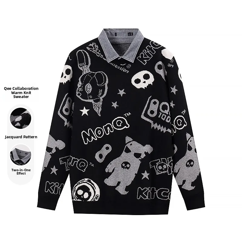 

Homesi Fluffy Knitted Long Sve Sweater Warm Casual Sle Men's Fce Lined Fake Two-Piece Crew Ne Pullover Knitwear