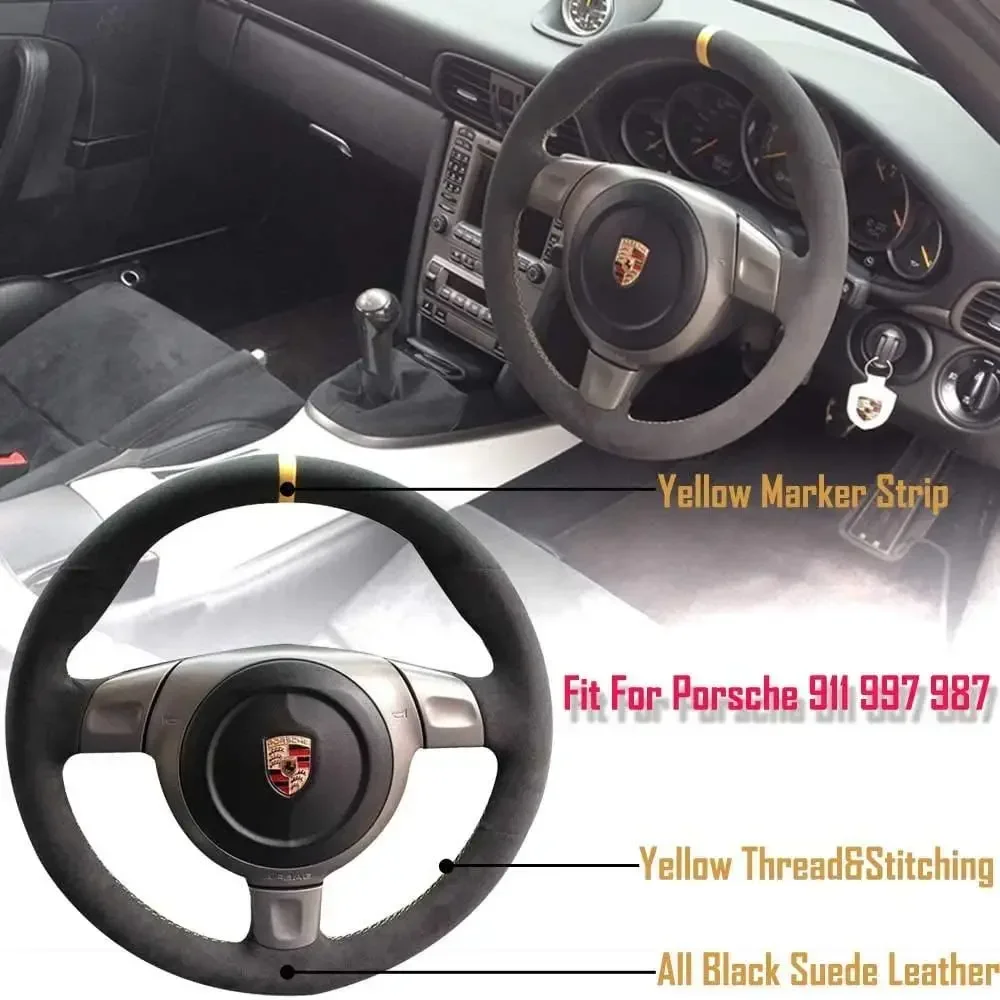 All Black Suede Leather Yellow Marker Steering Wheel Cover Hand-Stitch For Porsche 911 997 987 2005-2012