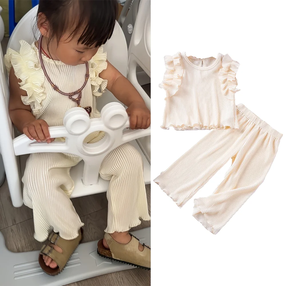 Summer Girls Solid Color Suit Sweet Ruffles Sleeveless Top + Straight Pants Two-piece Clothes Sets Casual Soft Skin-friendly