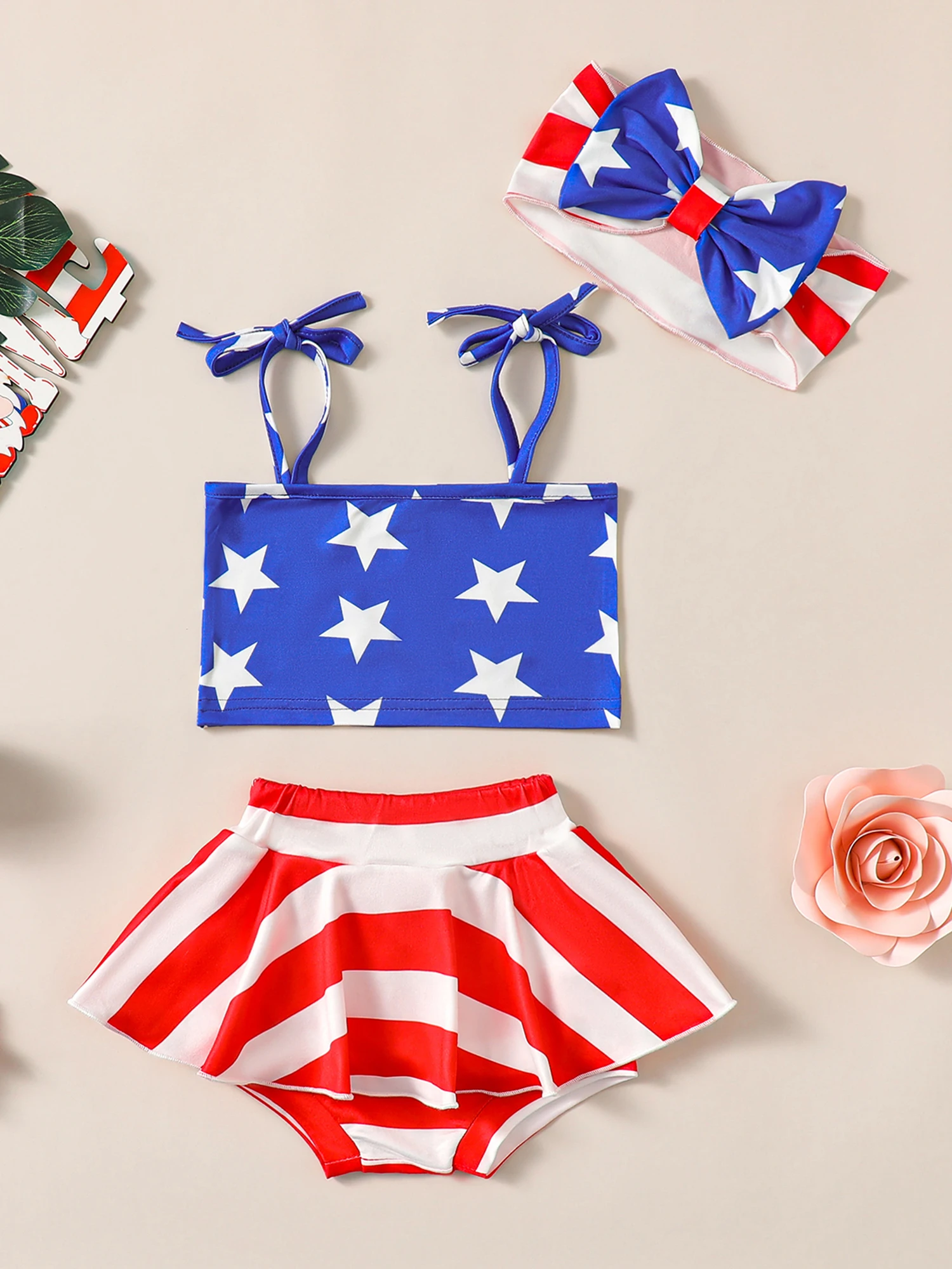 Toddler Girl Independence Day Clothing Set Sleeveless Tie Strap Tank Top Skirt Shorts Headband Patriotic Outfit for 4th of