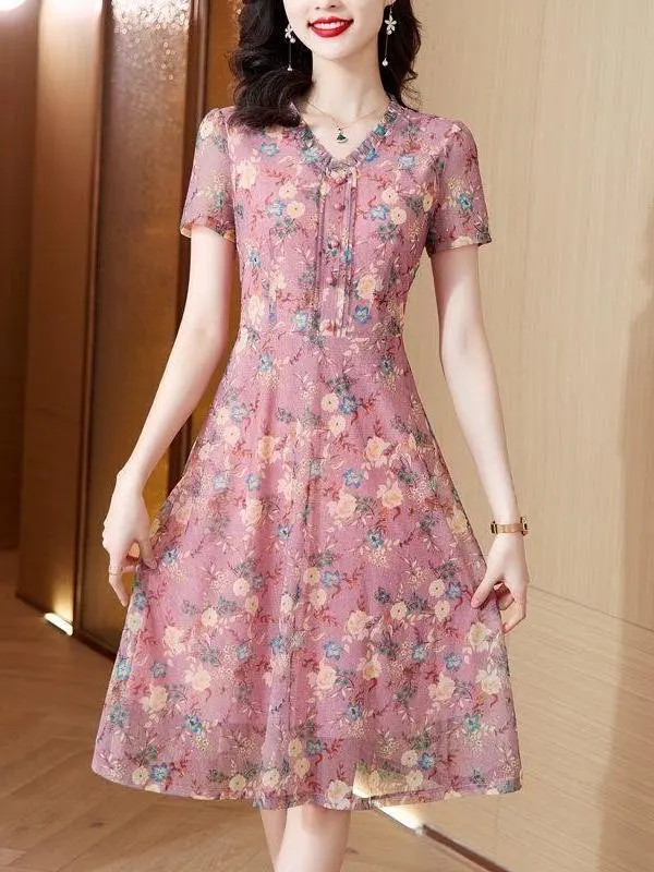 floral-print-midi-dr-v-ne-ort-sve-large-size-women's-netting-slimming-younging-mom-ket-square-summer-faion