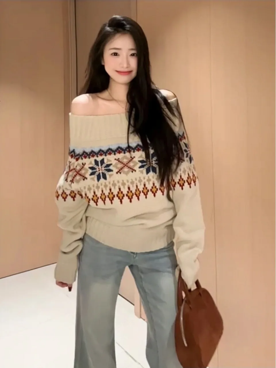 

Retro Fair Isle Knit Thi Needle Autumn Winter Sweater Loose Women's oulder Bared Design Long Sve Crew Ne Top