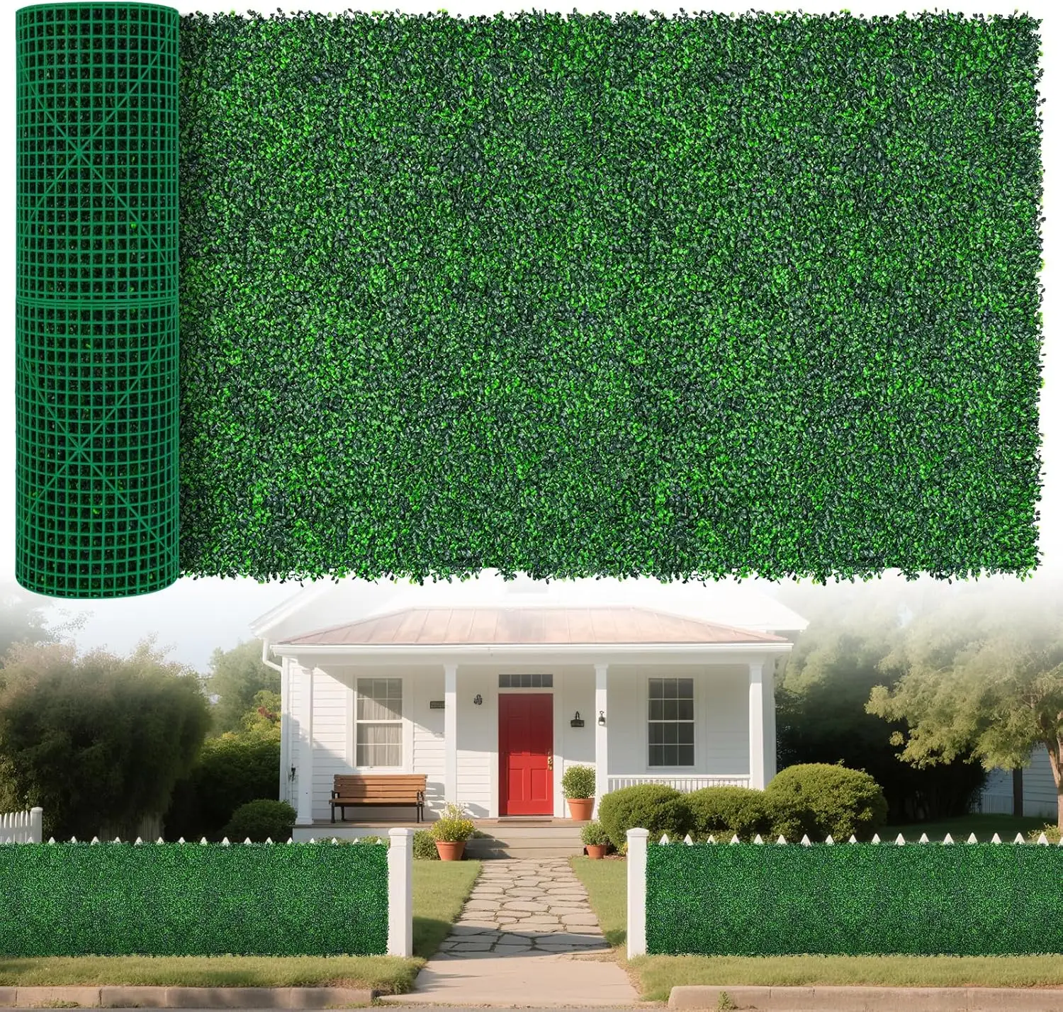 Green Artificial Greenery Wall Roll for Garden Fence Covering, Indoor and Outdoor Decor, UV-Resistant