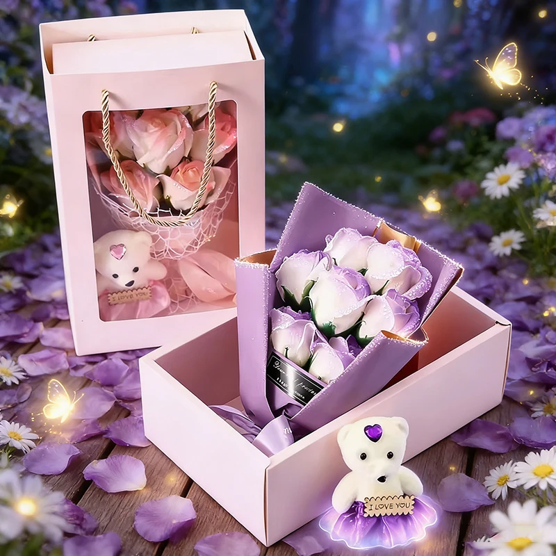 Mini Rose Soap Flower Bouquet Toys Gift Box with Cute Bear Premium Soap Flower Gifts for Valentine's Day Birthday Festival Gifts