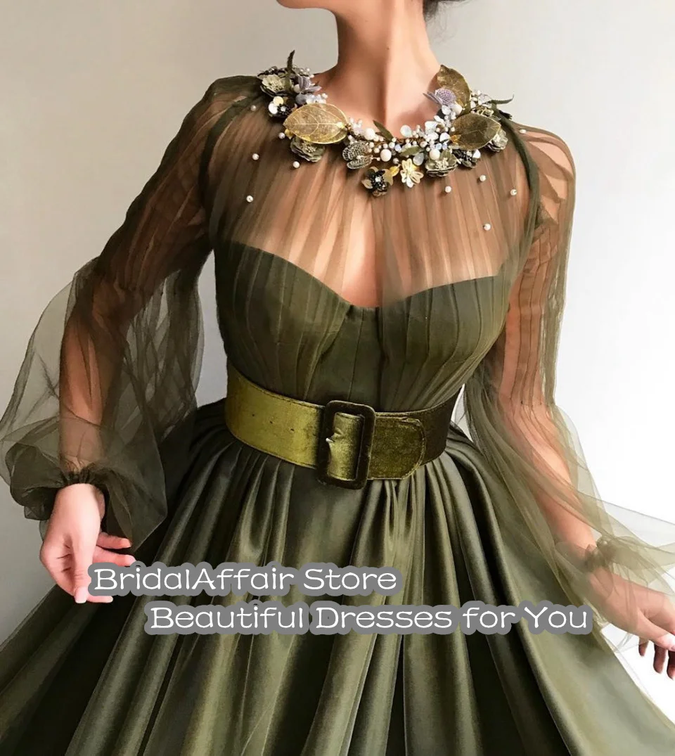 Olive Green Satin Long Prom Dresses 2020 Illusion Formal Party Robe De Soiree Long Sheer Sleeves Beading Vestidos Evening Gowns