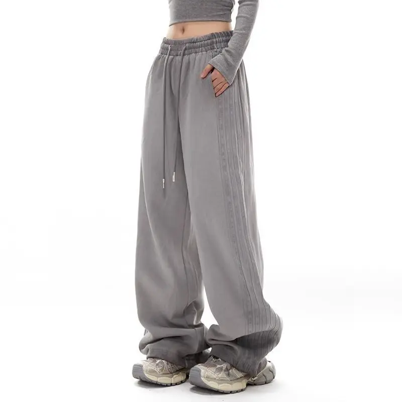 Grey Stripe Motion Women Autumn Trendyol High Street Sweatpants Straight Elastic Lovers Solid Color All-match Casual Trousers