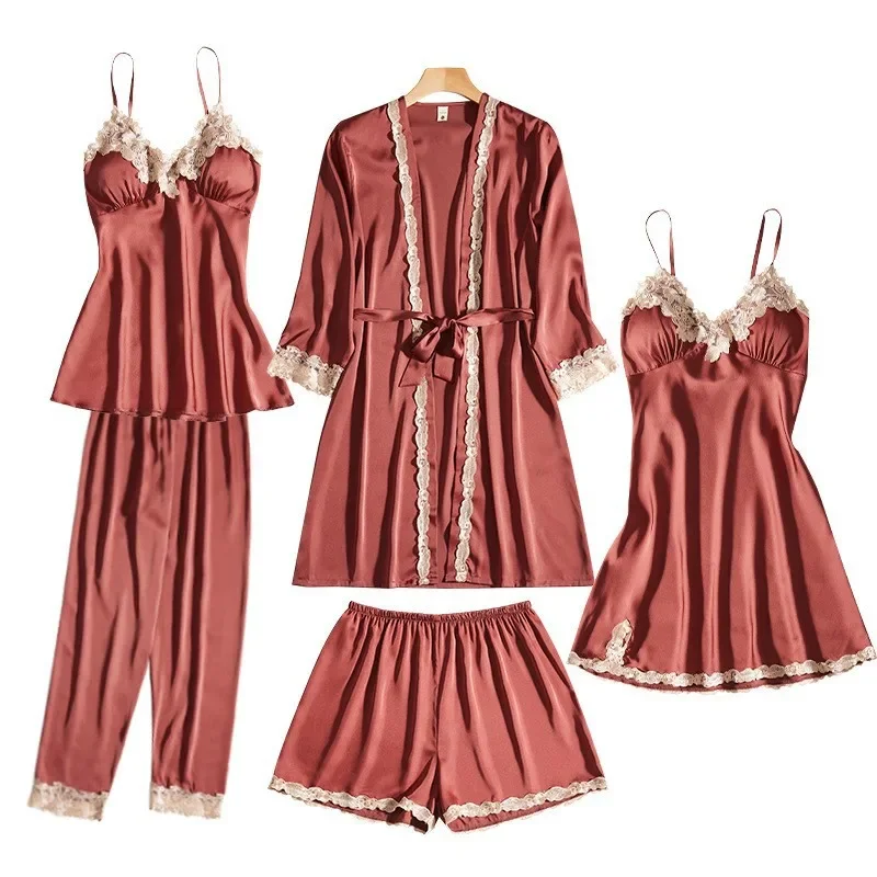 Ice Silk Pajamas Women\'S Summer Thin Sexy Lace Sling Nightgown Five-Piece Set Korean Version Long-Sleeved Home Clothes Smooth