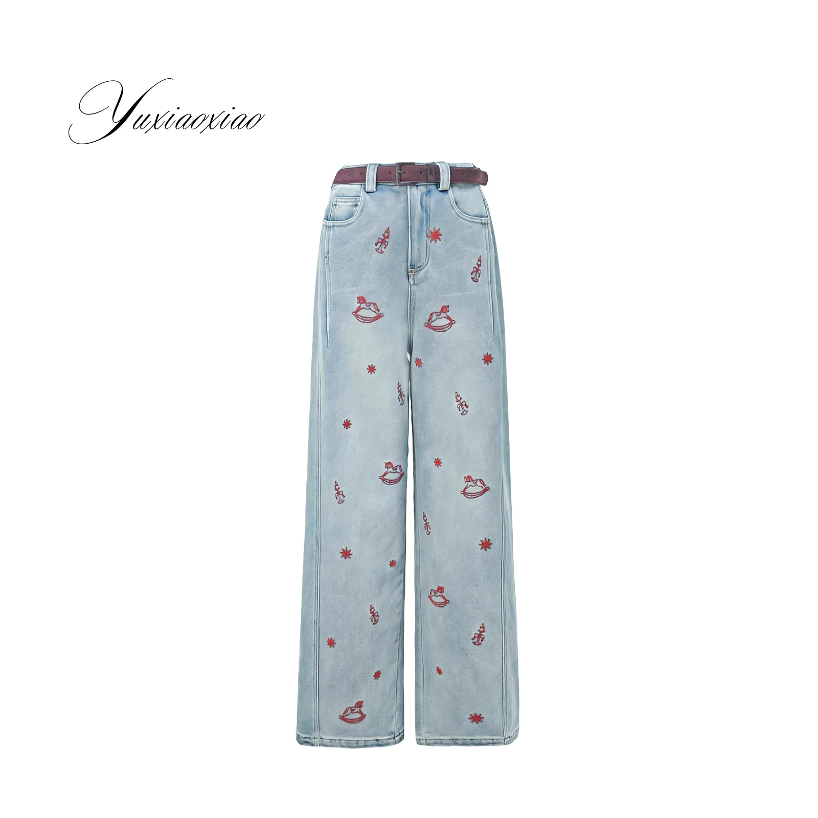 

Warm Fce Lined Straight Leg Jeans Red Embroidery Waed Spray Monkey Ladies Jeans Winter l Waist Cotton Zipper