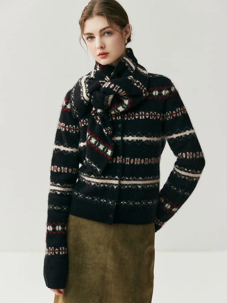 

100% Cashmere Women's Autumn Winter O-Neck Design-Inspired Cardigan Sweater Scarf Two-Piece Set Elegant Warm Soft Clothing Suits