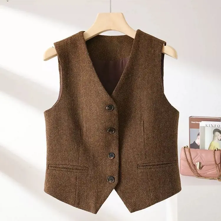 Women's Fashion Sleeveless Vests Casual V Neck Button Waistcoat Formal Business Tuxedo Shirt Slim Fit Cropped Blazer Vests