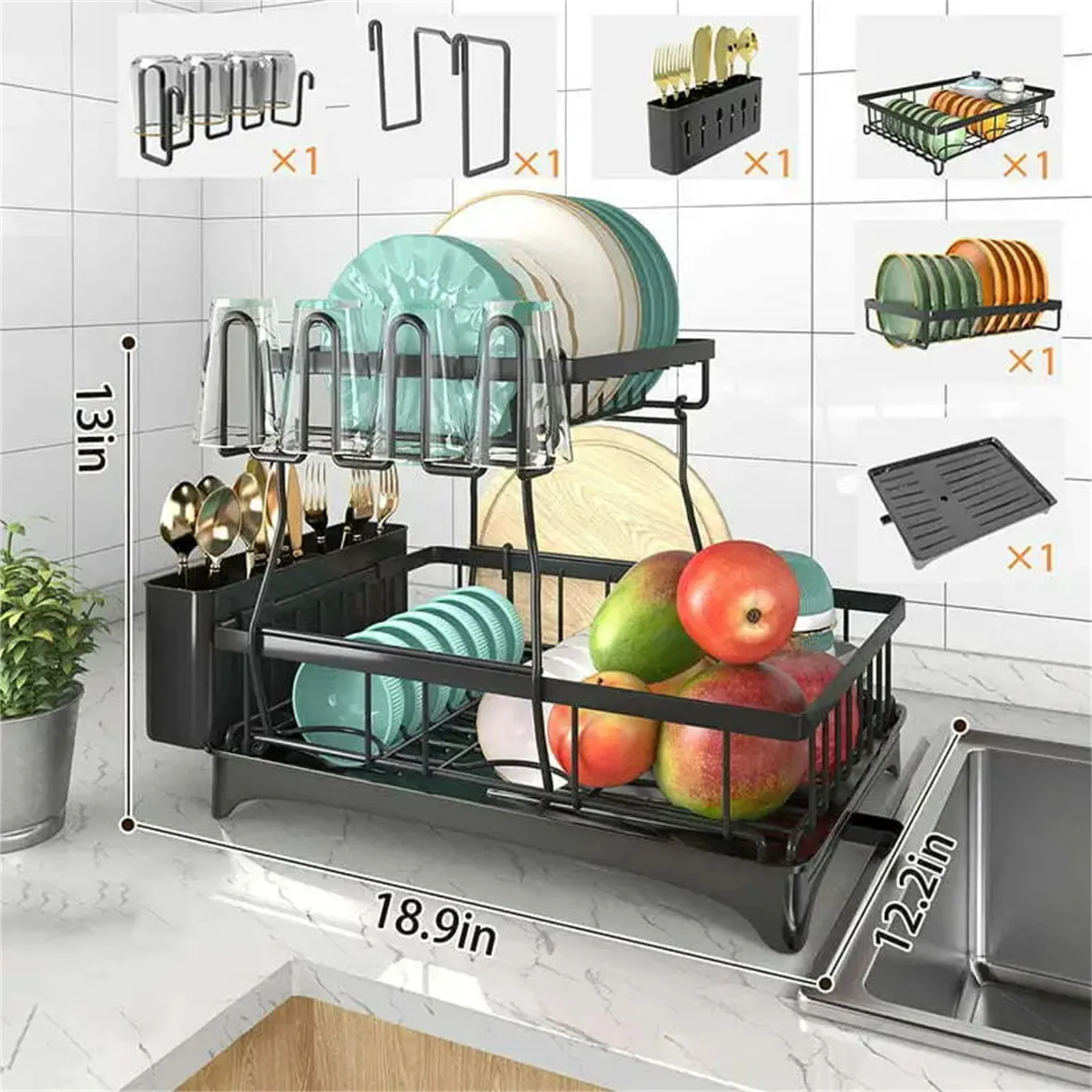 

2-Tier Drying Dish Rack and Drain Board Set Utensil Holder Metal Kitchen Counter