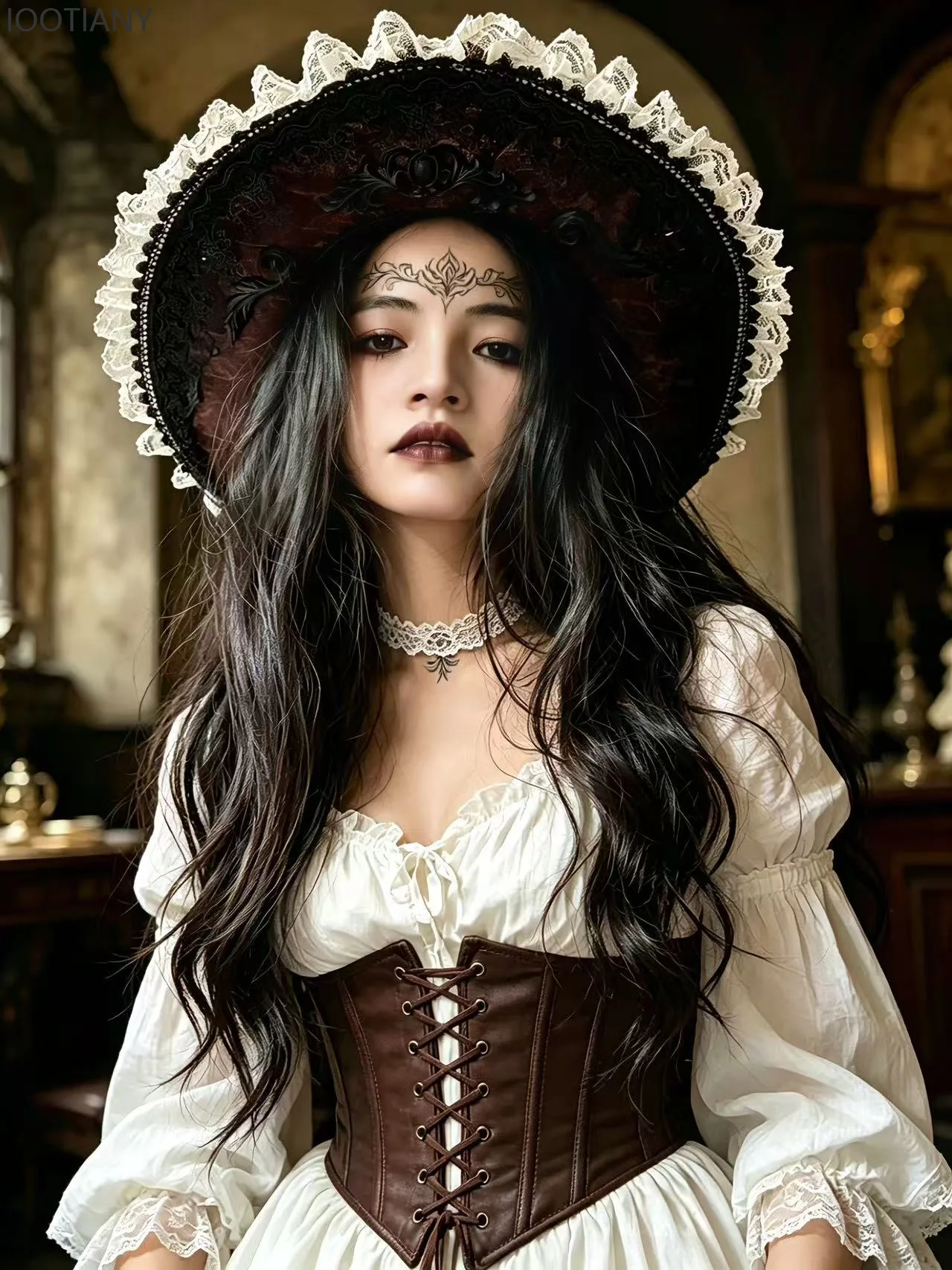 Vintage Brown Pirate Tricorn Hat Gothic Steampunk Skull Skeleton Decor Hats Retro Lace Trim Stage Party Cosplay Costume Headwear view 3