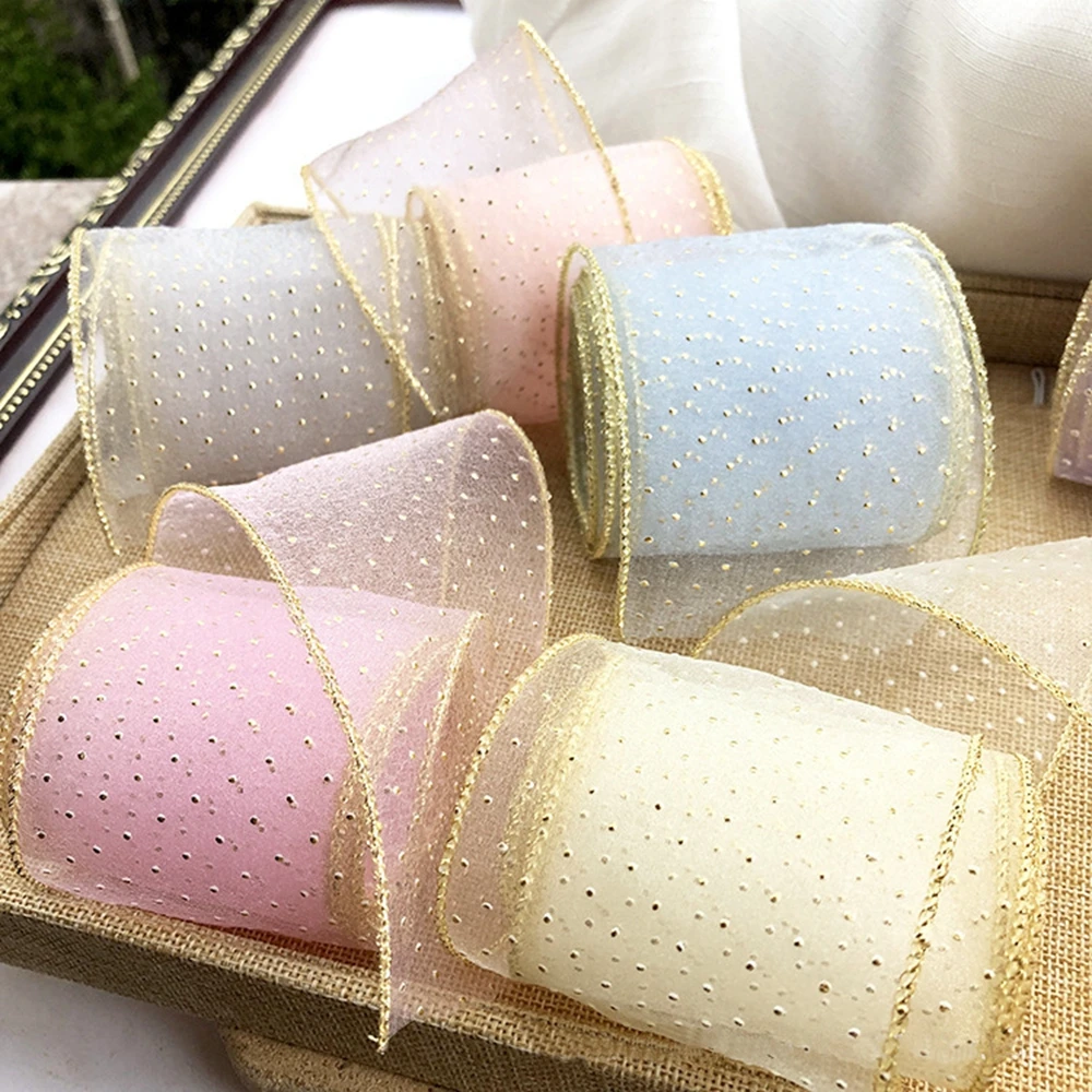Width 7cm,Gauze Ribbon,Pure Color,With Golden Dot,DIY Handmade Bow Tie Hairpin Materials,Gift Flower Bundle Packaging Decor Lace