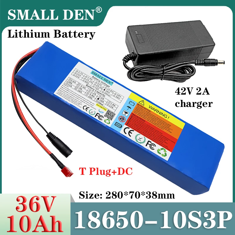 Paquete de batería de litio 36V 10Ah 18650 10S3P 540W motor BMS incorporado para herramientas eléctricas scooter fuente de alimentación de repuesto 280*70*38mm + cargador 2A