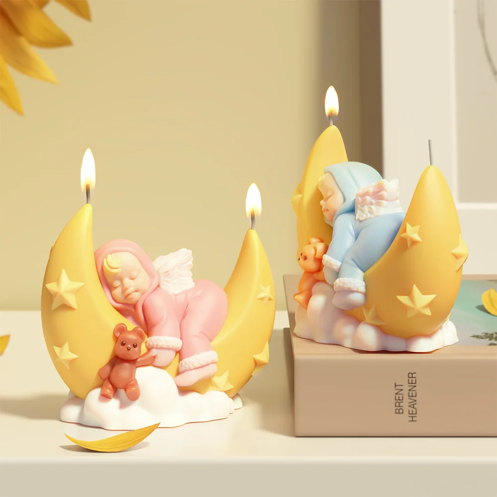 ثلاثية الأبعاد الملاك ينام على القمر شمعة قوالب DIY بها بنفسك الروائح الكرتون طفل القمر السفينة الجبس الجص قالب الاسمنت الحرفية الراتنج قالب الصابون