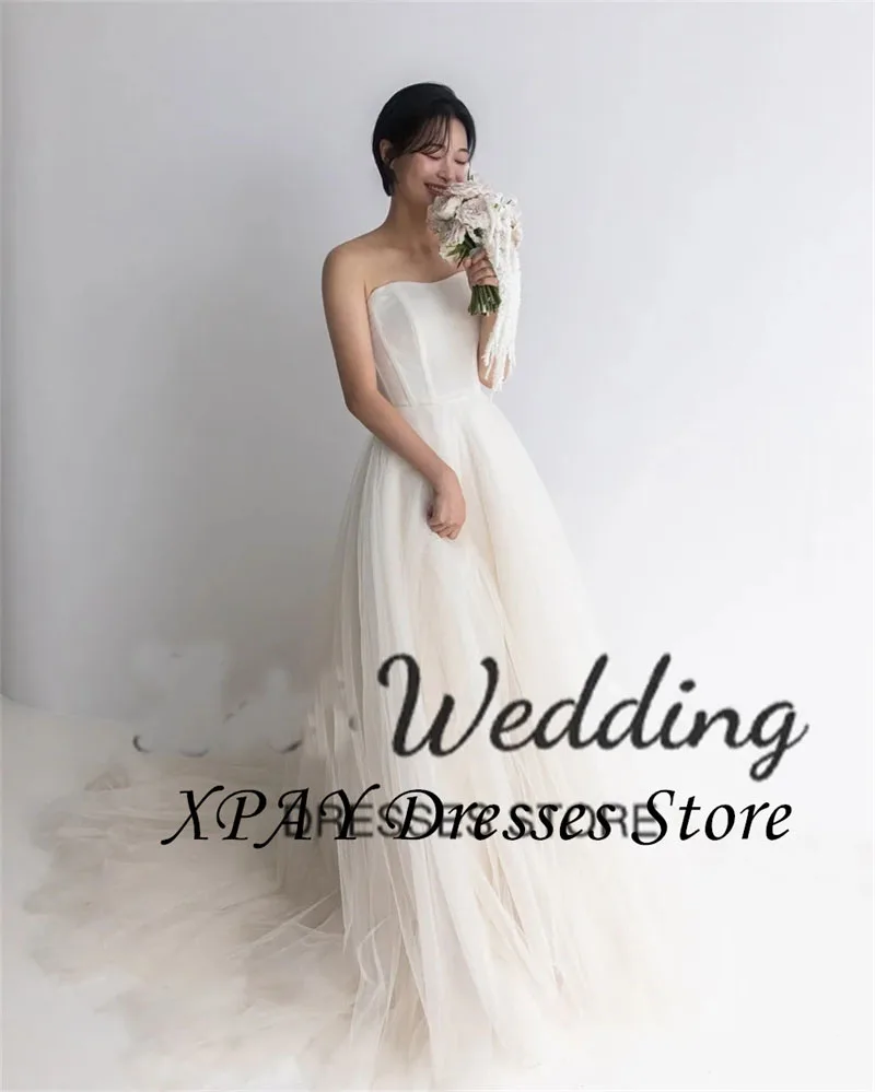 XPAY Simple Sweetheart เกาหลีชุดแต่งงานที่กําหนดเอง Soft Tulle รูปภาพยิงเจ้าสาวรัดตัวยาวกวาดรถไฟแผนกต้อนรับชุด