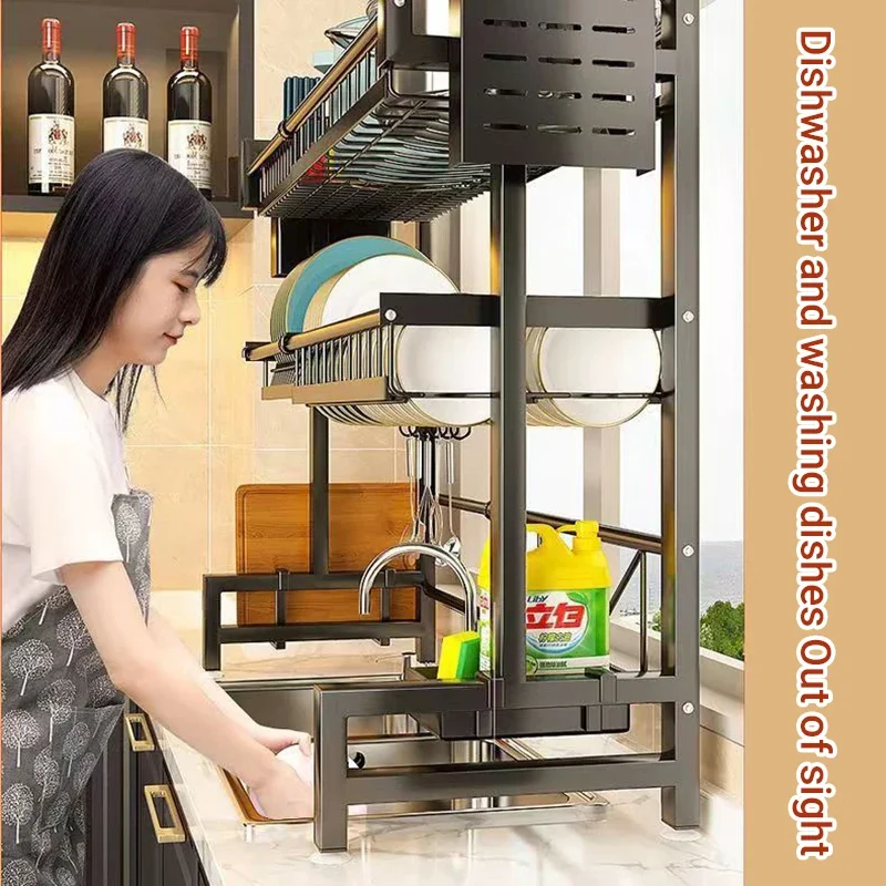 Stretchable kitchen storage rack bowl and dish drain storage rack thickened household multifunctional storage rack