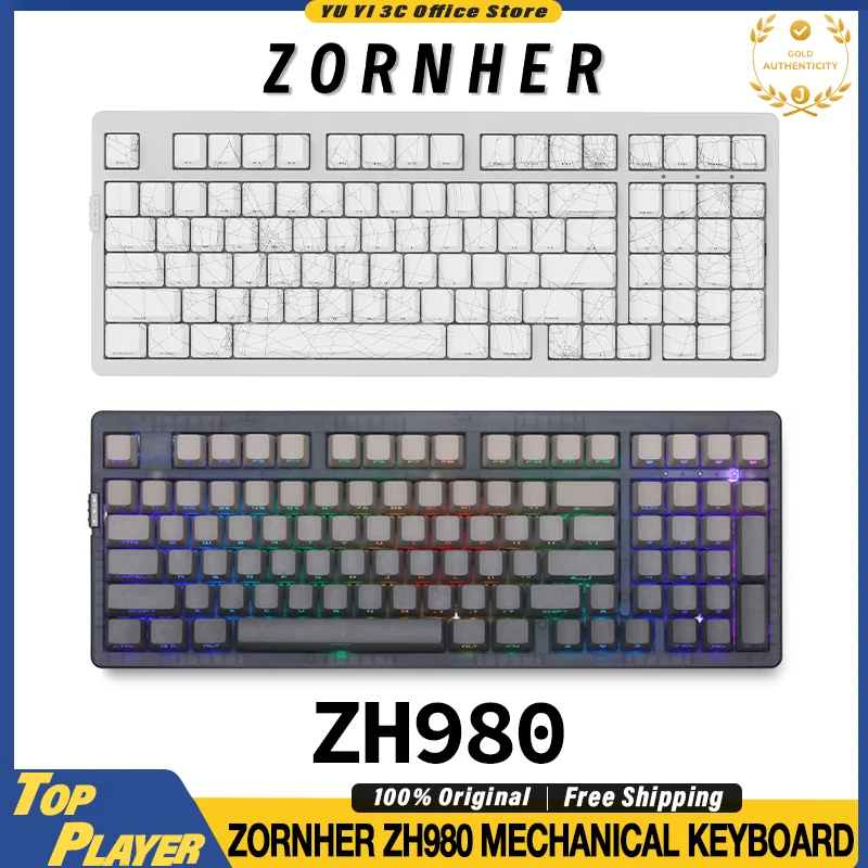 Zornher zh980 teclado mecânico personalizado dinâmico rgb bt 2.4g wrless interruptor personalizado keycaps permutável quente 6000mah