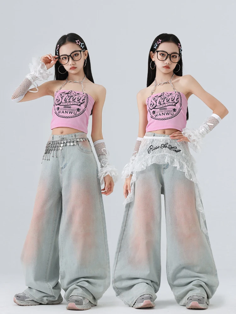 Ropa de baile de Jazz a la moda para niñas, Tops rosas, pantalones vaqueros con lentejuelas, traje de actuación Kpop, disfraz de Concierto de pasarela, ropa de escenario BL16784