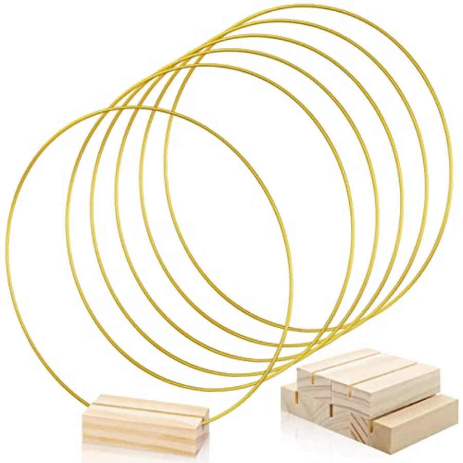 10インチのマクラメメタルフープ、木製ホルダー付き5個パック、DIYクラフトリングセット、マクラメウォールハンギング、ウェディングセンターピース、フラワーアレンジメント用