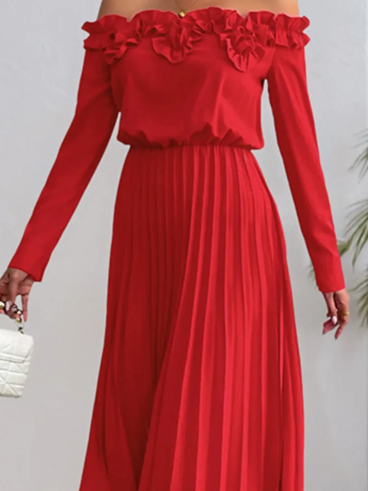 

Dresses 2025 Woman Elegant One-shoulder Long-sleeved Solid Color Women's Dress Temperament Simple Style Solid Color Vacation