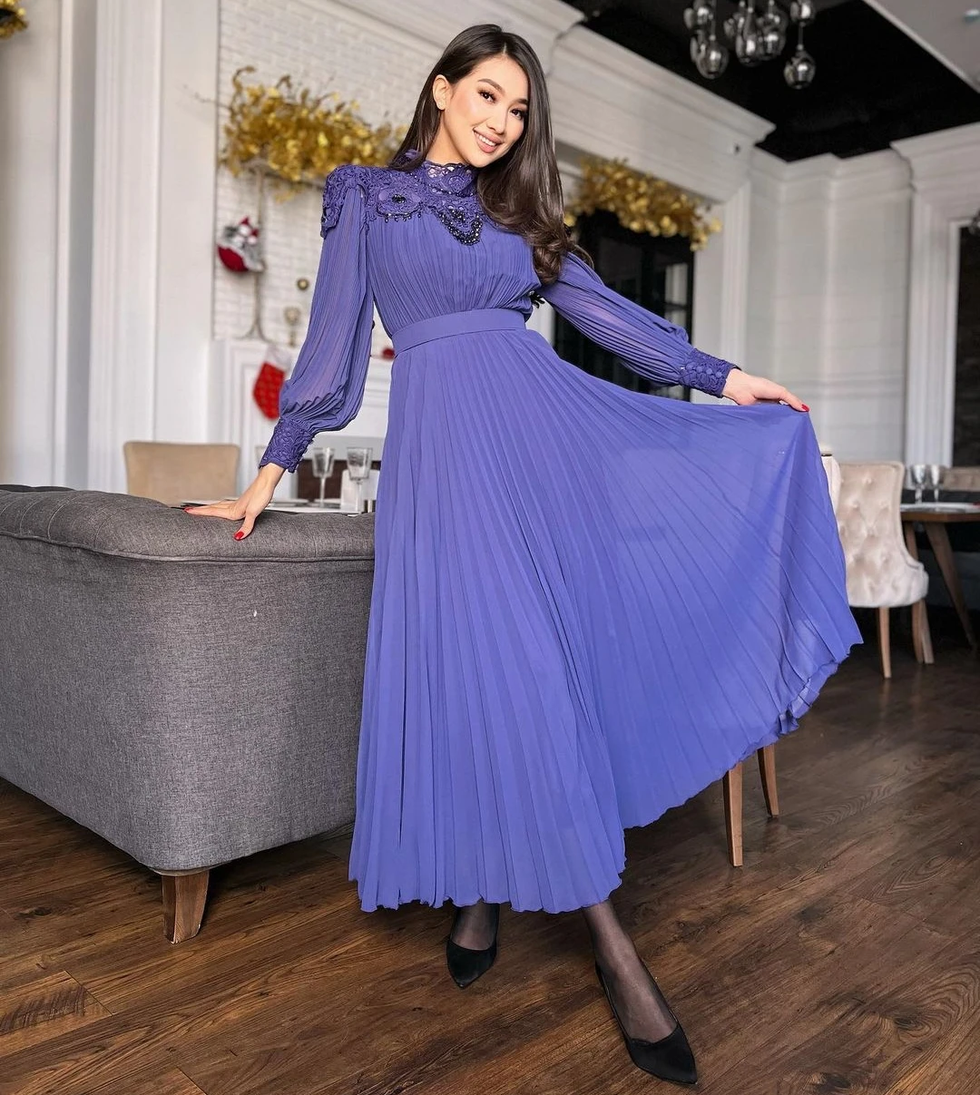 Santorini Lace High Collar Prom Dresses Beaded Long Sleeves Evening Party Saudi Arabia Women Pleats Chiffon A Line Vestidos Des