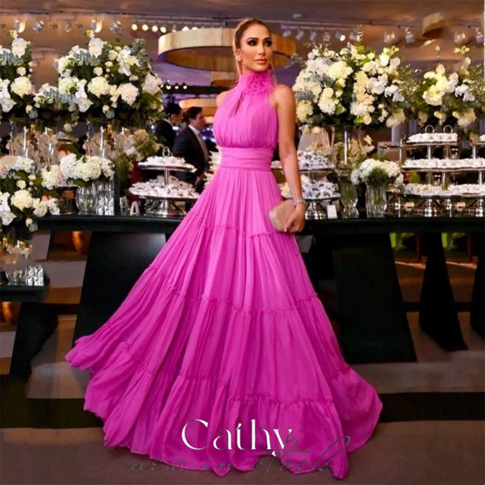 

Cathy Hot Pink Satin Pleated Prom Dress Halter Neck فساتين مناسبة رسمية Elegant High Quality Vestidos De Noche