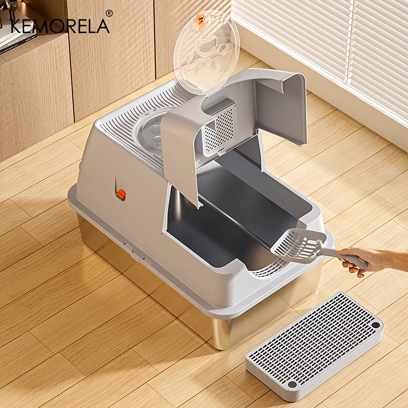 KEMORELA Stainless Steel Cat Litter Box with Lid - Odor-Proof Enclosed High-Sided Design Includes Scoop Anti-Leak & Easy Clean