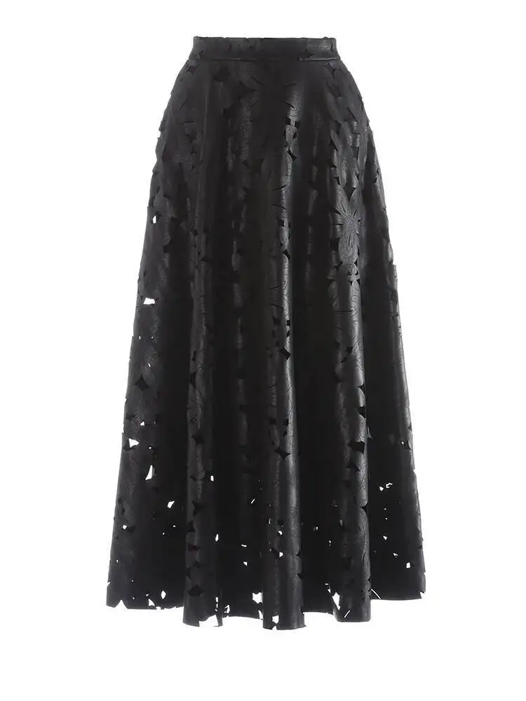 High Waist Brown Pu Leather Hollow Out Elegant A-line Half-body Skirt Women Fashion New Spring Autumn 2026 FJW9