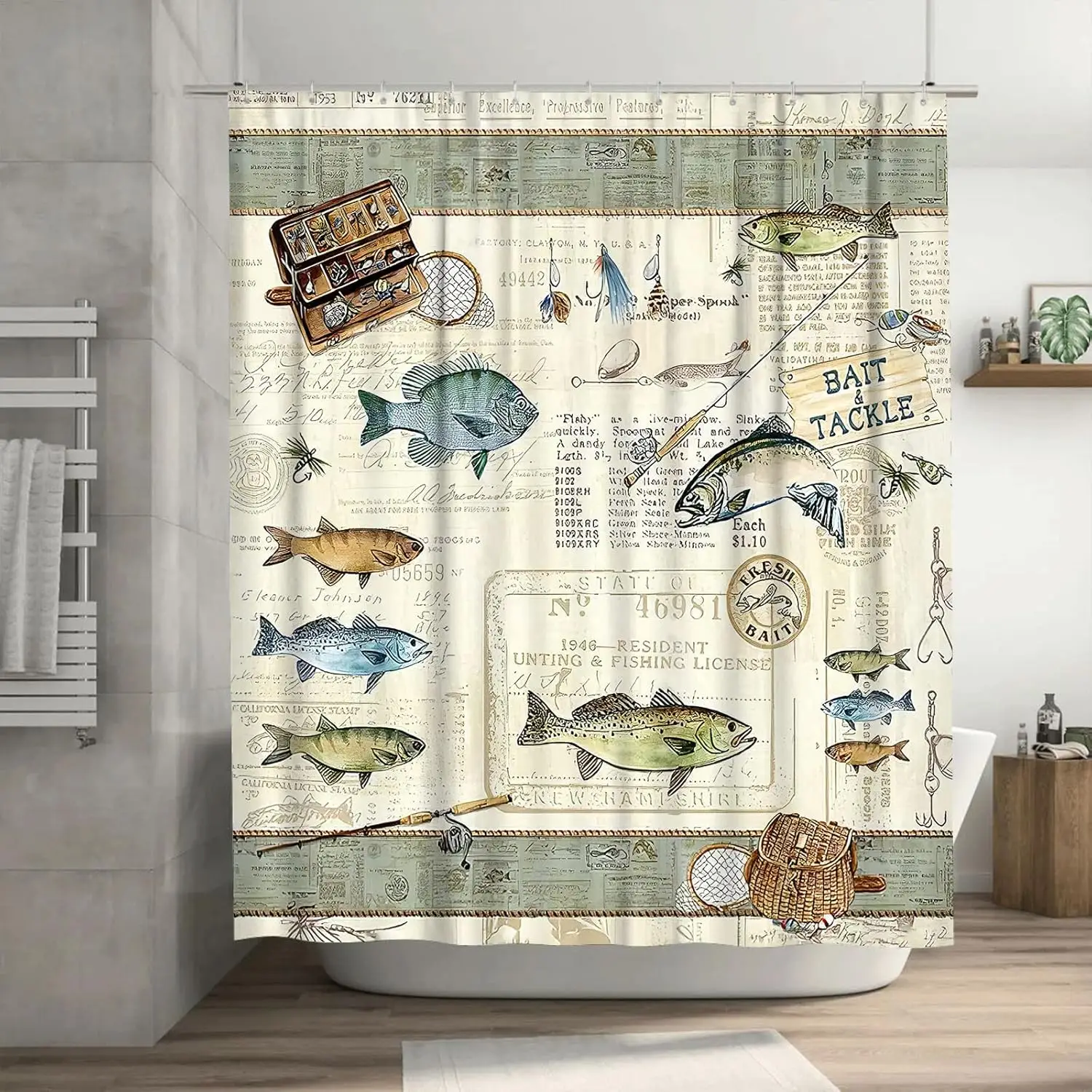 

Rustic Fishing Cabin Shower Curtain, Farmhouse Country Fish Outdoor Themed Waterproof Bathroom Decor