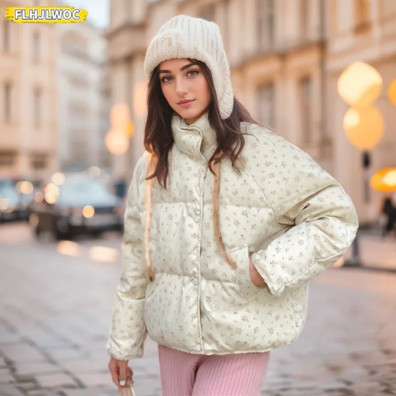 Short Coats Cute Sweet Girls New Year Long Sleeve Retro Vintage Floral Japan Style Turtleneck Down Jacket Women Parkas Outerwear