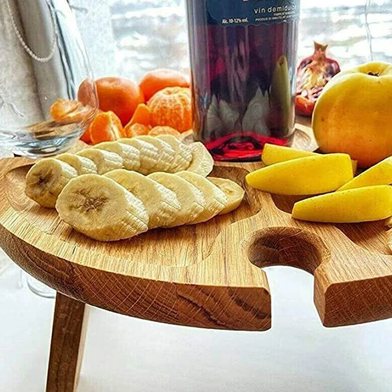 1Pc Wooden Round Foldable Tables Dried Fruit Tray With Wine Glass Holder For Outdoor Picnic Garden Party Fruit Snack Pastry Tray image 4