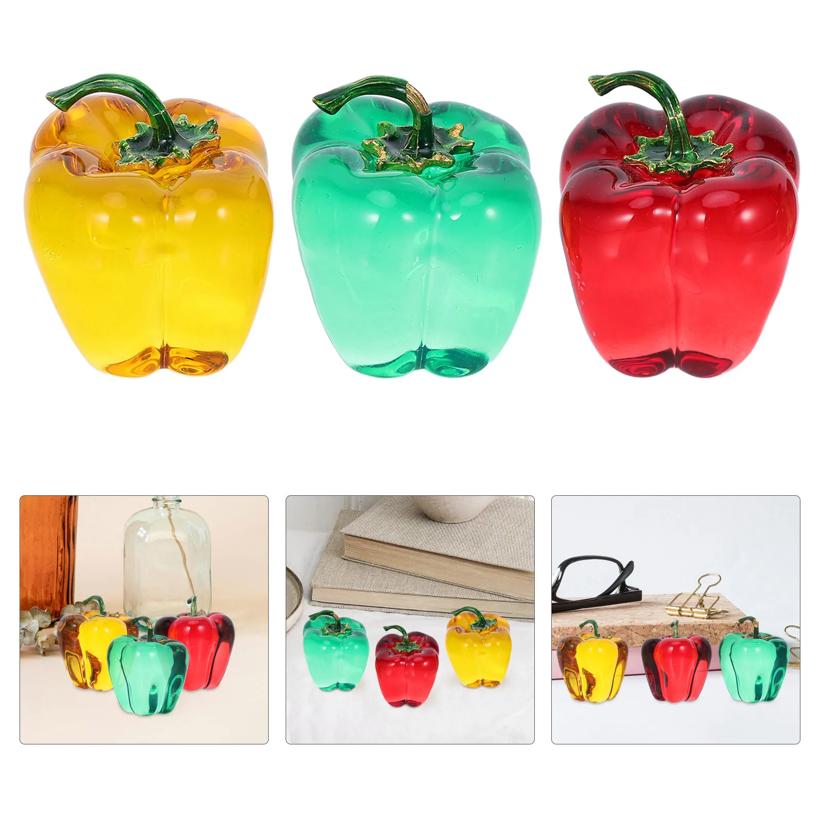 

3Pcs Crystal Bell Pepper Artificial Vegetables Lifelike Fake Chili Decor for Kitchen Dining Room Home Table Decorative Ornament