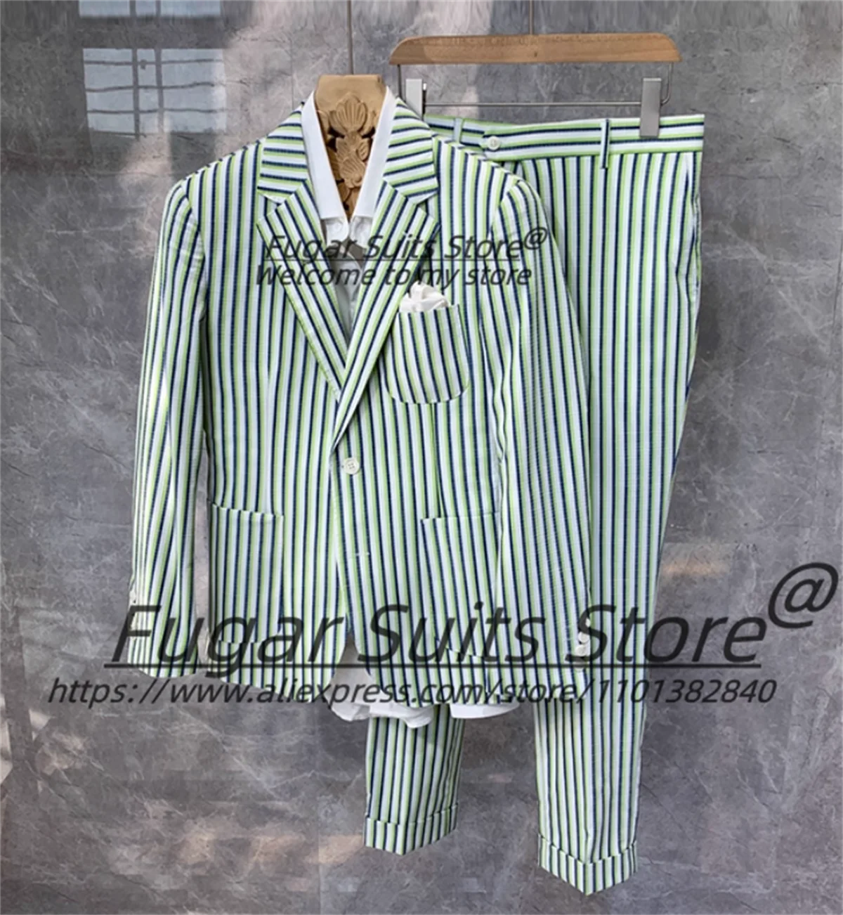 

Casual Green Stripe Male Party Blazers Customized Slim Fit Fashion Notched Lapel 2 Pcs Sets High-end Prom Men Suits Ropa Hombre