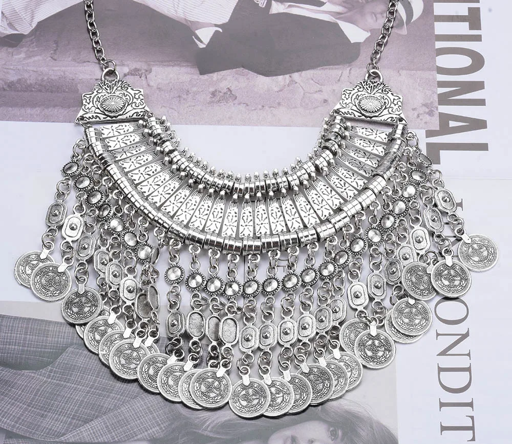 Indian Ethnic Vintage Coins Tassel Statement Necklace Women Jewelry Sets Boho Retro Metal Large Collar Choker Necklace Earrings