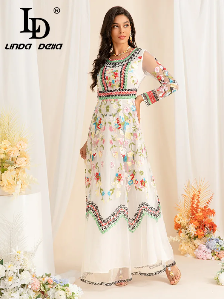 LD LINDA DELLA جودة عالية جديدة أنيقة الأقلية نمط صغير الأزهار التطريز السفر فضفاضة تناسب الملونة السيدات فستان طويل