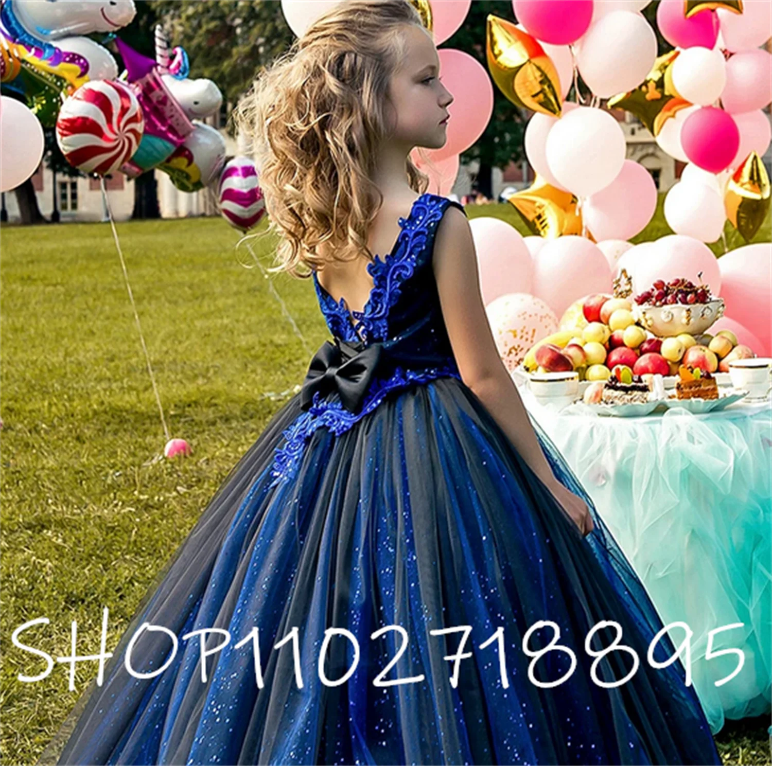 

Blue Girls Dresses Shinny Girl Party Dresses Dark Tulle Lace O Neck Evening Dresses Girls Pageant Dresses