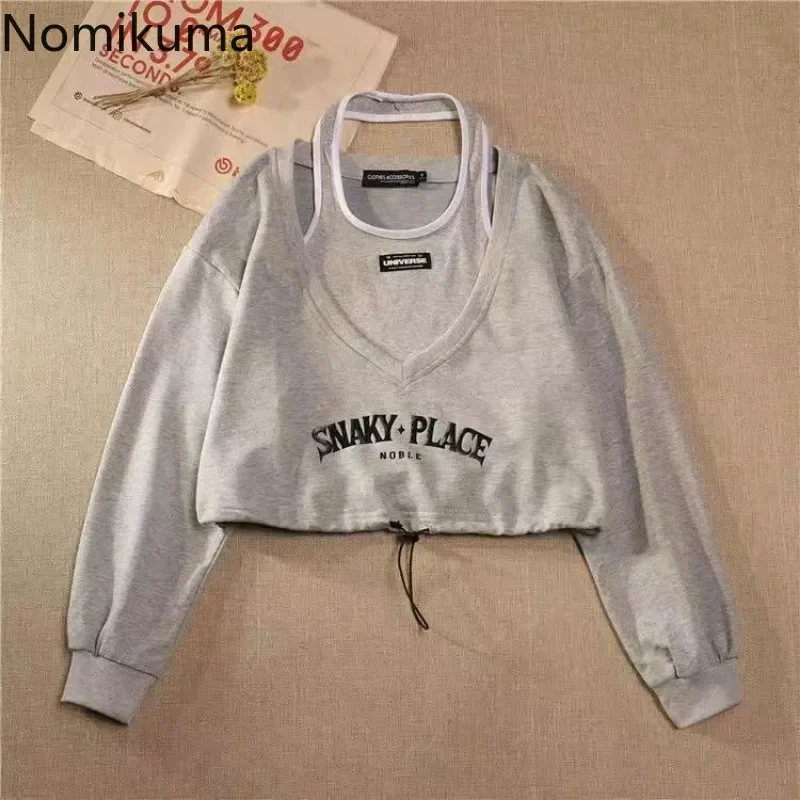 Korean Hoodies for Women Sexy Slash Neck Long Sleeve Casual Cropped Sweatshirts Outfits Fashion Two Piece Sets Y2k Clothing