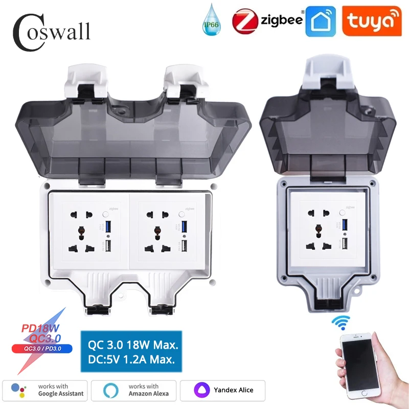 Coswall IP66 Waterproof With Smart Universal 5 PIN Socket With Dual USB 18W Fast Charger QC 3.0 DC 5V/9V/12V Output