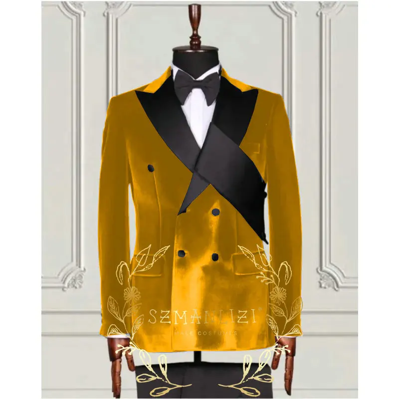 2 Pcs Suits Set Navy Blue Velvet Double Breasted Blazers Pants 2024 Fashion Men Wedding Party Slim Dress Formal Groom Tuxedos